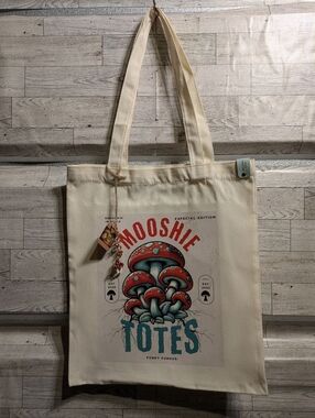 mooshie Totes Cream Graphic Canvas Tote Bag with Red & Teal Mushroom Print